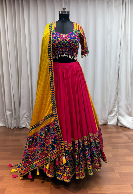Garba Special Pink Viscose Cotton Thread Mirror Work Fully Stitched Festive Wear Lehenga Choli