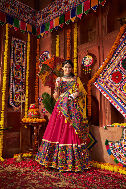 Garba Special Pink Viscose Cotton Thread Mirror Work Fully Stitched Festive Wear Lehenga Choli