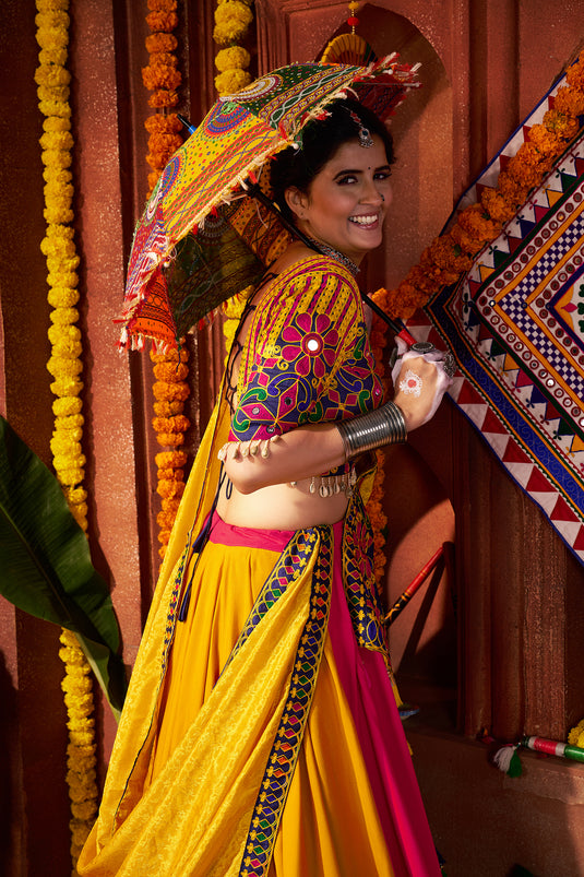 Garba Special Pink Viscose Cotton Thread Mirror Work Fully Stitched Festive Wear Lehenga Choli