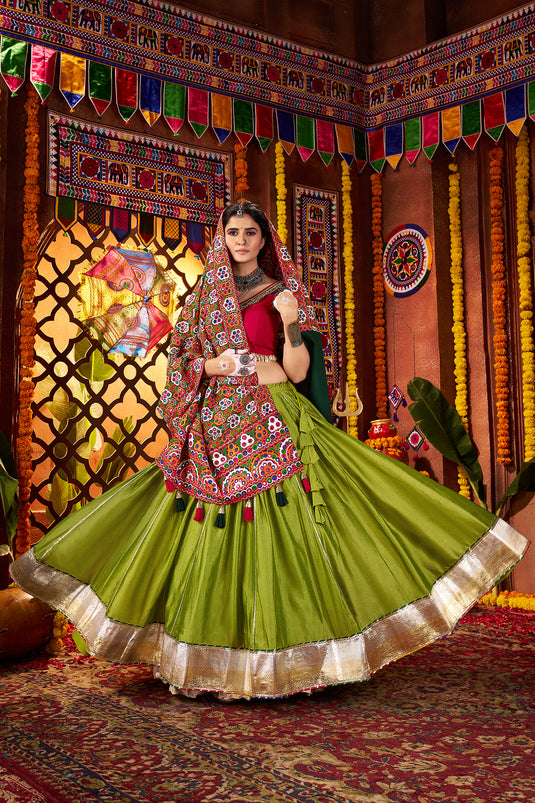 Navratri Special Green Silk Mirror Work Fully Stitched Festive Wear Lehenga Choli