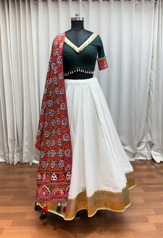 Dandiya Special White Silk Embroidered Ready made Fully Stitched Printed Festive Wear Lehenga Choli