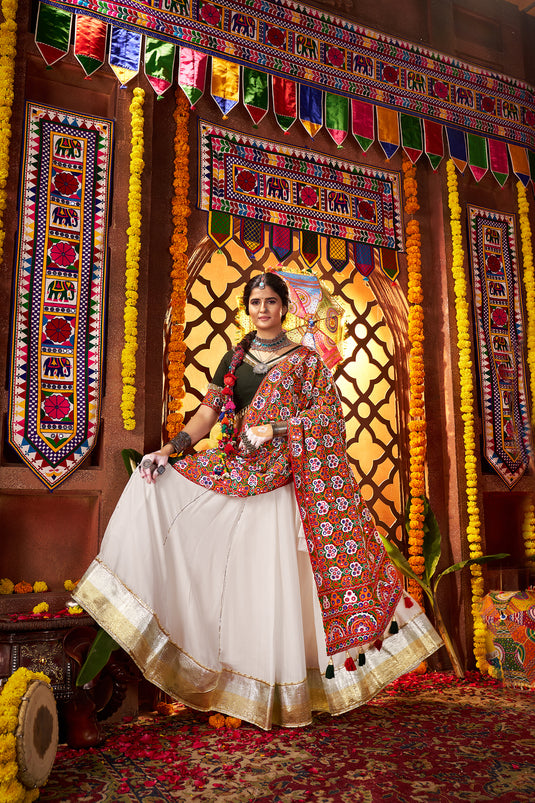 Dandiya Special White Silk Embroidered Ready made Fully Stitched Printed Festive Wear Lehenga Choli