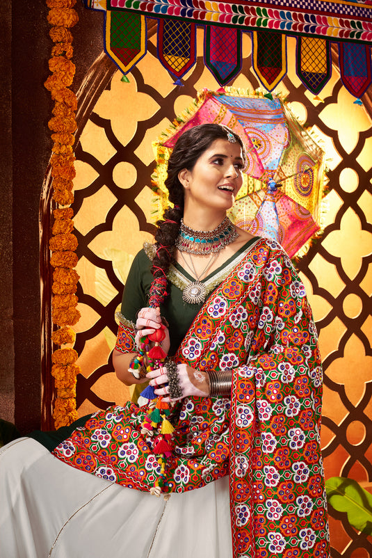 Dandiya Special White Silk Embroidered Ready made Fully Stitched Printed Festive Wear Lehenga Choli