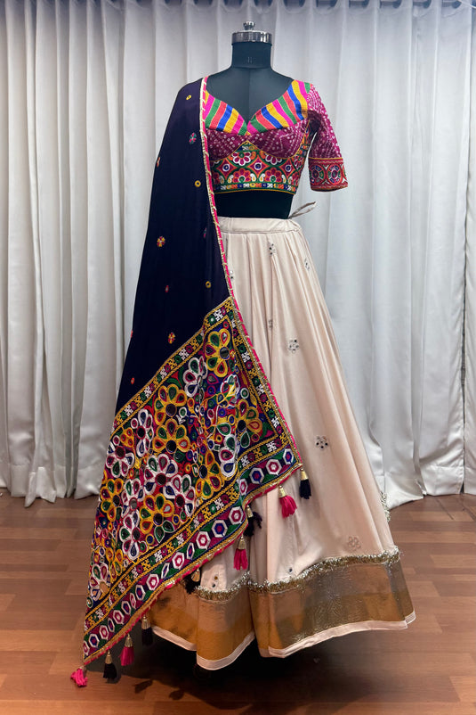 Garba Special Beige Viscose Cotton Kutchi Work Readymade Fully Stitch Festive Wear Lehenga Choli