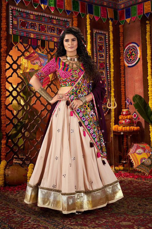 Garba Special Beige Viscose Cotton Kutchi Work Readymade Fully Stitch Festive Wear Lehenga Choli