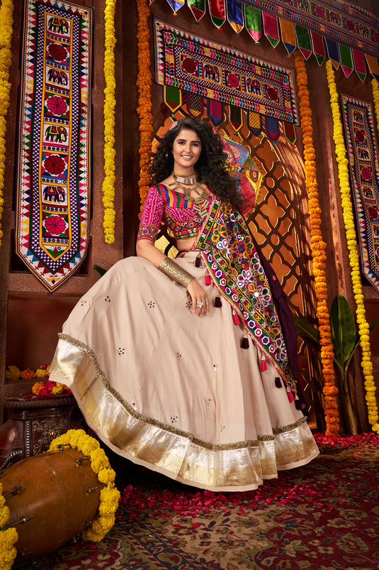 Garba Special Beige Viscose Cotton Kutchi Work Readymade Fully Stitch Festive Wear Lehenga Choli