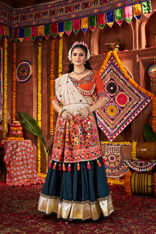 Navratri Special Teal Blue Kutchi Work Viscose Cotton Readymade Fully Stitched Festive Wear Lehenga Choli