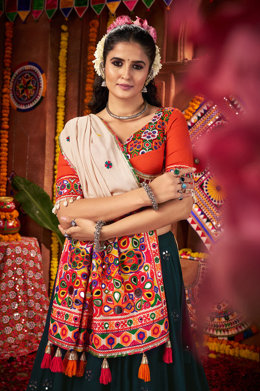 Navratri Special Teal Blue Kutchi Work Viscose Cotton Readymade Fully Stitched Festive Wear Lehenga Choli