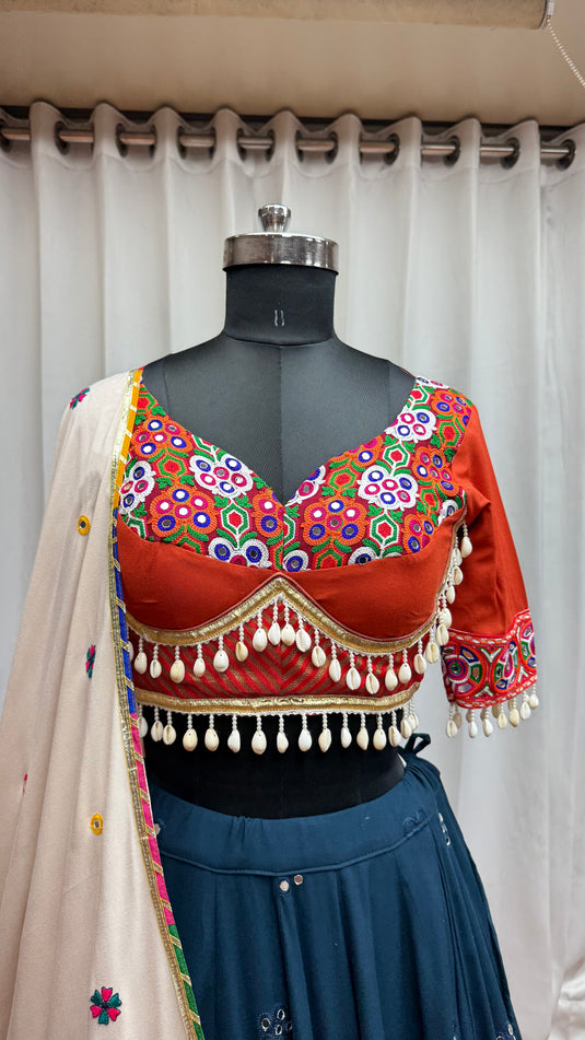 Navratri Special Teal Blue Kutchi Work Viscose Cotton Readymade Fully Stitched Festive Wear Lehenga Choli