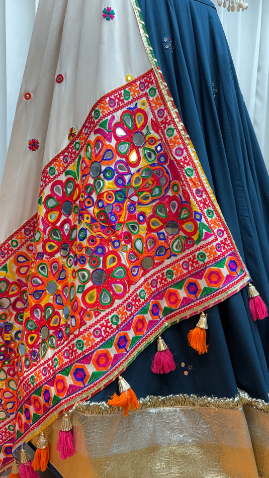 Navratri Special Teal Blue Kutchi Work Viscose Cotton Readymade Fully Stitched Festive Wear Lehenga Choli