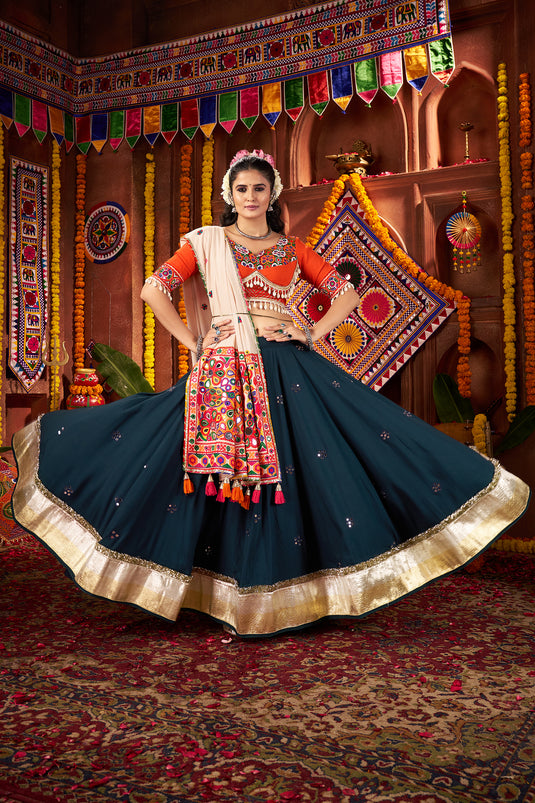 Navratri Special Teal Blue Kutchi Work Viscose Cotton Readymade Fully Stitched Festive Wear Lehenga Choli