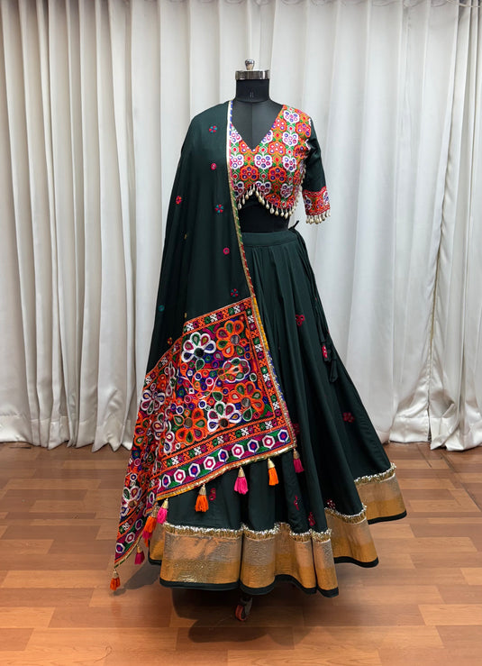 Garba Special Green Kutchi Work Viscose Cotton Readymade Fully Stitched Festive Wear Lehenga Choli