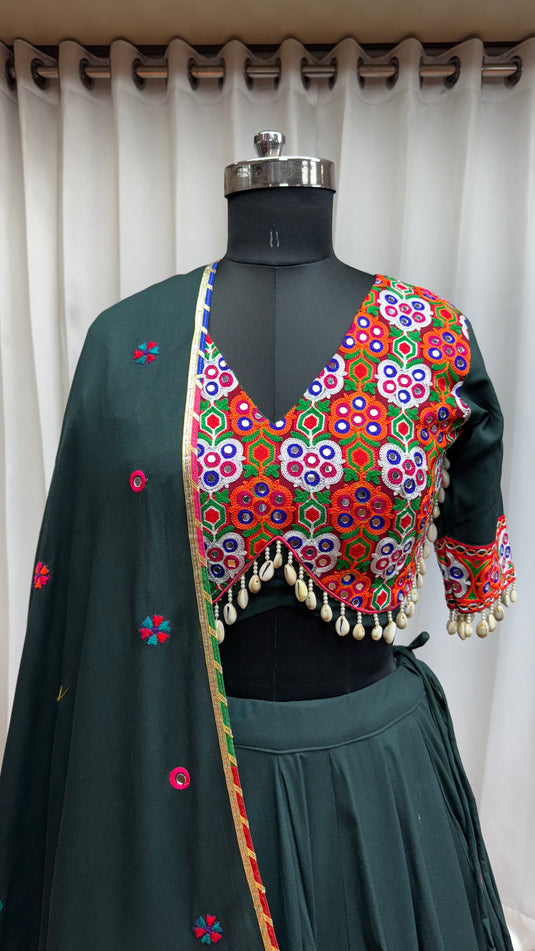 Garba Special Green Kutchi Work Viscose Cotton Readymade Fully Stitched Festive Wear Lehenga Choli