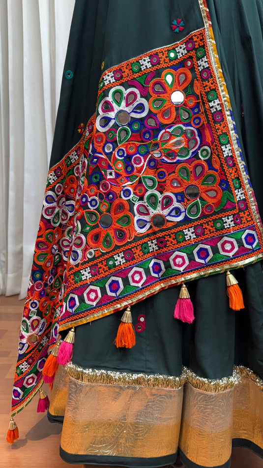 Garba Special Green Kutchi Work Viscose Cotton Readymade Fully Stitched Festive Wear Lehenga Choli