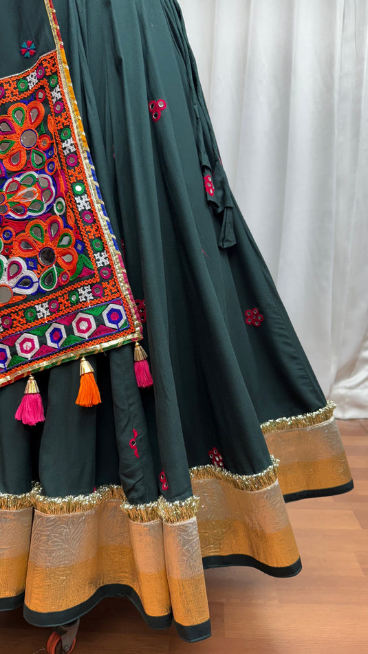 Garba Special Green Kutchi Work Viscose Cotton Readymade Fully Stitched Festive Wear Lehenga Choli