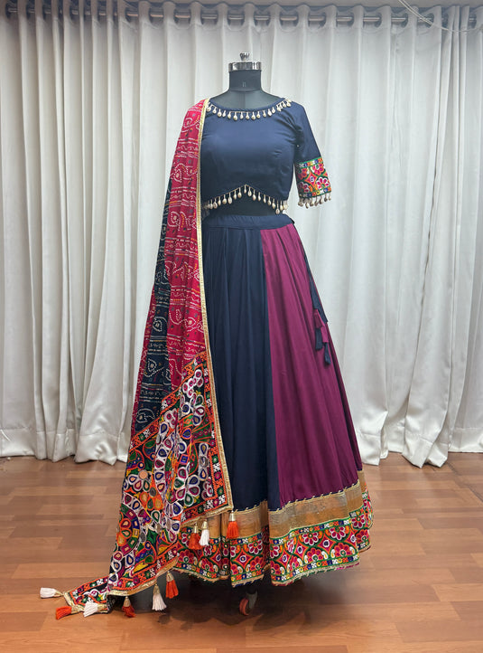 Navratri Special Multicolor Kutchi Work Viscose Cotton Readymade Fully Stitched Festive Wear Lehenga Choli