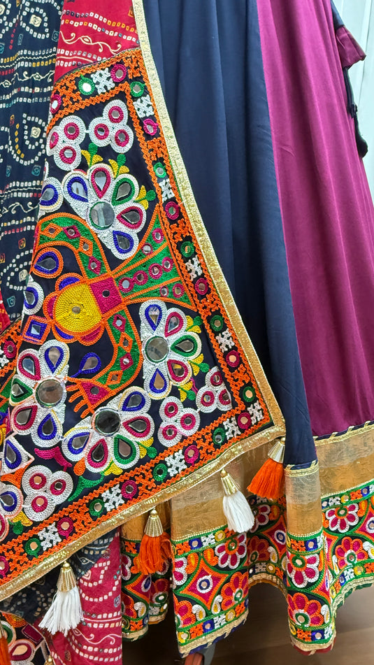 Navratri Special Multicolor Kutchi Work Viscose Cotton Readymade Fully Stitched Festive Wear Lehenga Choli