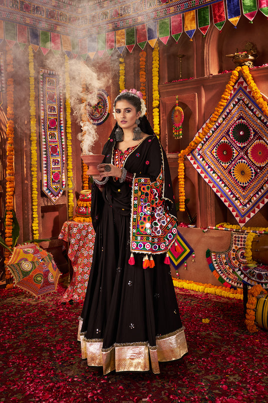 Garba Special Black Kutchi Work Viscose Cotton Readymade Fully Stitched Festive Wear Lehenga Choli