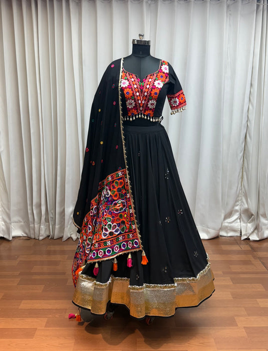 Garba Special Black Kutchi Work Viscose Cotton Readymade Fully Stitched Festive Wear Lehenga Choli