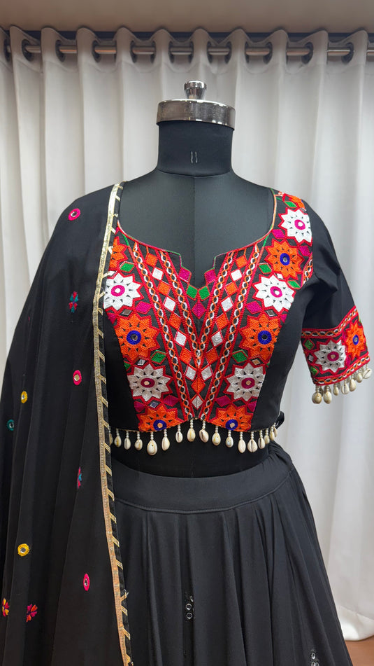 Garba Special Black Kutchi Work Viscose Cotton Readymade Fully Stitched Festive Wear Lehenga Choli