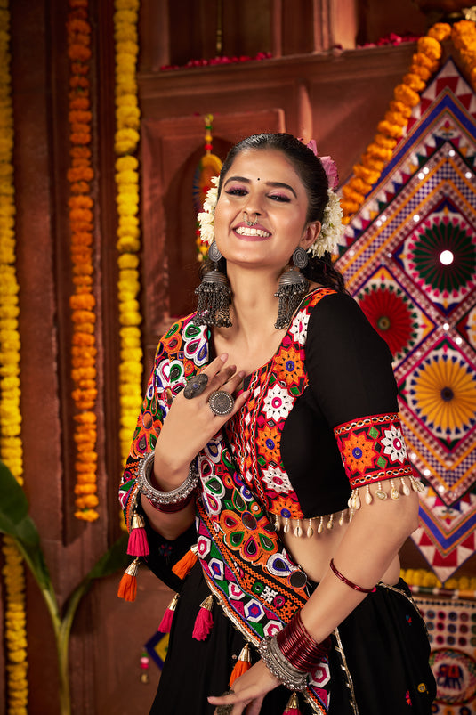 Garba Special Black Kutchi Work Viscose Cotton Readymade Fully Stitched Festive Wear Lehenga Choli