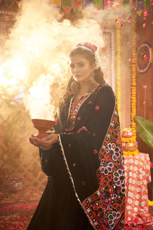 Garba Special Black Kutchi Work Viscose Cotton Readymade Fully Stitched Festive Wear Lehenga Choli