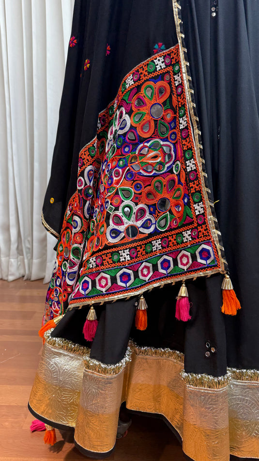 Garba Special Black Kutchi Work Viscose Cotton Readymade Fully Stitched Festive Wear Lehenga Choli