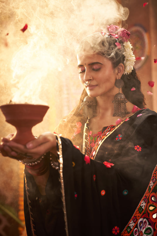 Garba Special Black Kutchi Work Viscose Cotton Readymade Fully Stitched Festive Wear Lehenga Choli