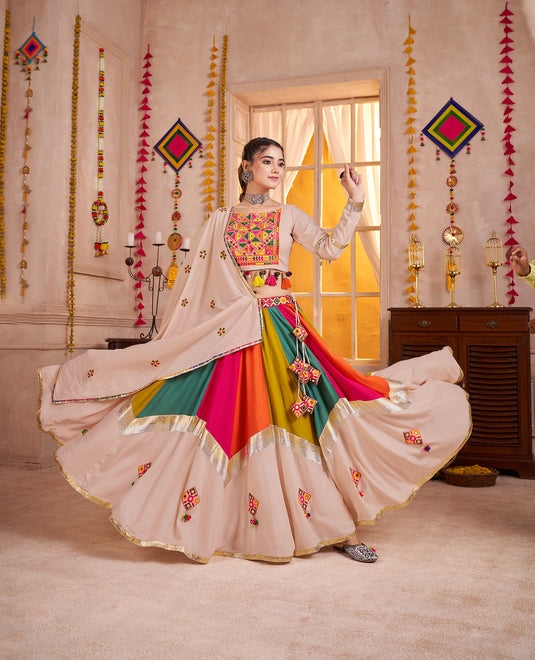 Navratri Special Beige Viscose Cotton Thread & Mirror Work Readymade Fully Stitch Festive Wear Lehenga Choli