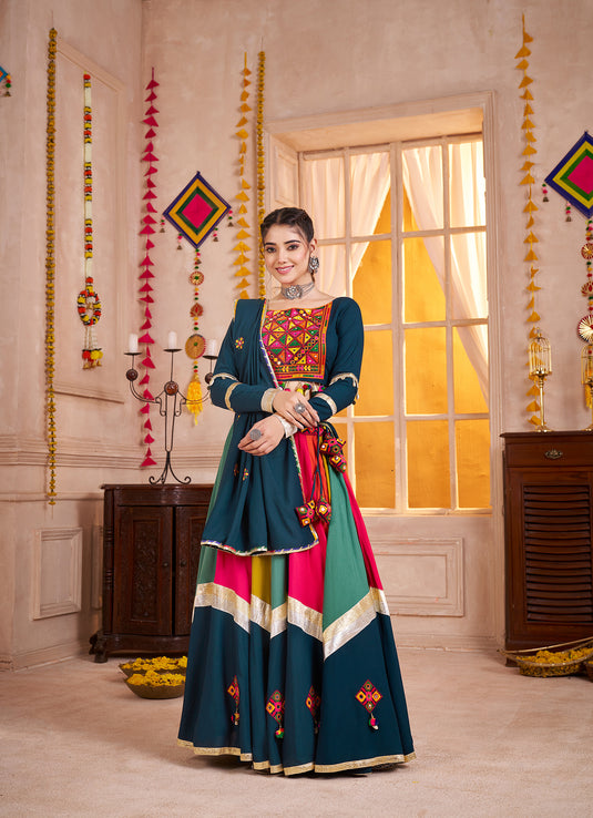 Navratri Special Teal Blue Viscose Cotton Thread & Mirror Work Readymade Fully Stitch Festive Wear Lehenga Choli