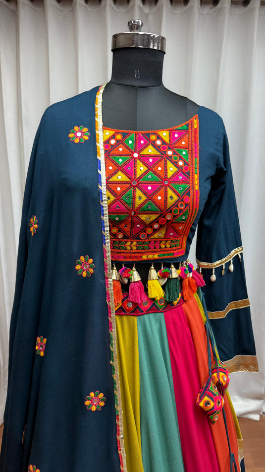 Navratri Special Teal Blue Viscose Cotton Thread & Mirror Work Readymade Fully Stitch Festive Wear Lehenga Choli