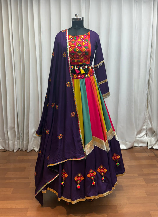 Navratri Special Purple Viscose Cotton Thread & Mirror Work Readymade Fully Stitch Festive Wear Lehenga Choli