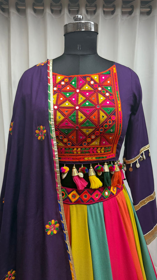Navratri Special Purple Viscose Cotton Thread & Mirror Work Readymade Fully Stitch Festive Wear Lehenga Choli