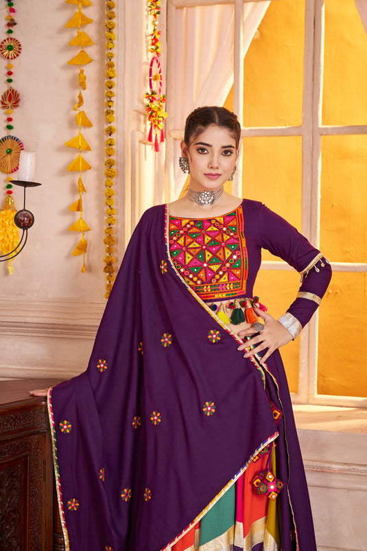Navratri Special Purple Viscose Cotton Thread & Mirror Work Readymade Fully Stitch Festive Wear Lehenga Choli