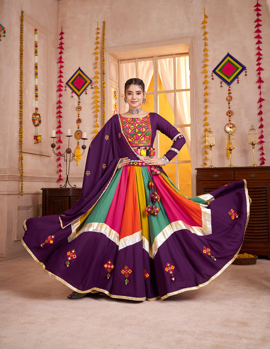 Navratri Special Purple Viscose Cotton Thread & Mirror Work Readymade Fully Stitch Festive Wear Lehenga Choli