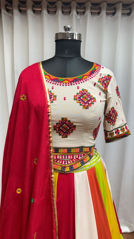 Garba Special Multi color Viscose Cotton Lampi  Work Ready to wear Fully Stitched Navratri Lehenga Choli