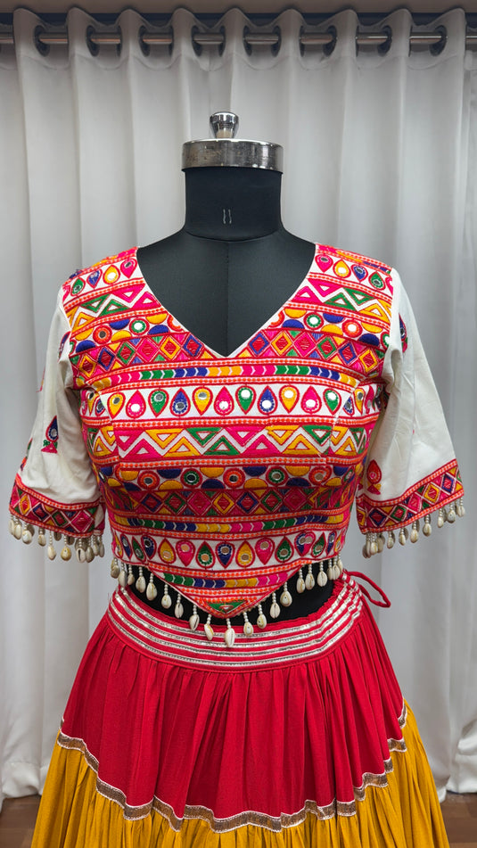 Navratri Special Multicolor Viscose Cotton Lampi Border Work Readymade Fully Stitched Festive Wear Lehenga Choli