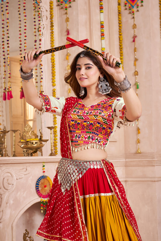 Navratri Special Multicolor Viscose Cotton Lampi Border Work Readymade Fully Stitched Festive Wear Lehenga Choli