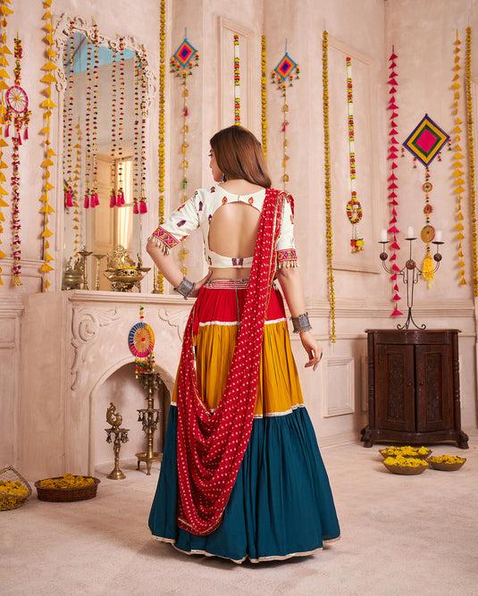 Navratri Special Multicolor Viscose Cotton Lampi Border Work Readymade Fully Stitched Festive Wear Lehenga Choli