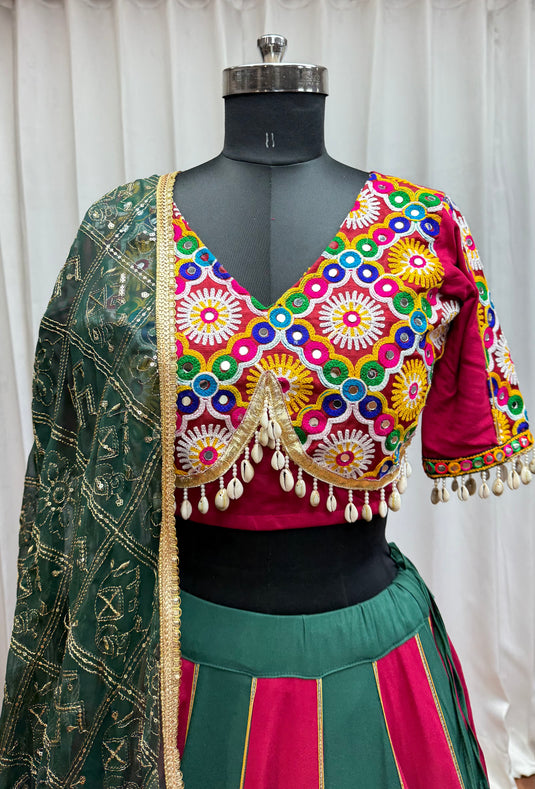 Garba Special Multicolor Kutchi Work Viscose Cotton Readymade Fully Stitched Festive Wear Lehenga Choli For Women