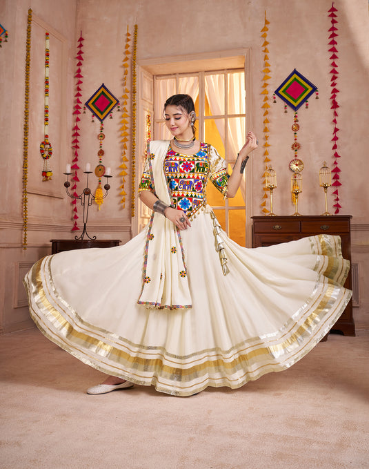 Elegant White Kutchi Work Viscose Cotton Ready to Wear Fully Stitched Navratri Lehenga Choli For Women