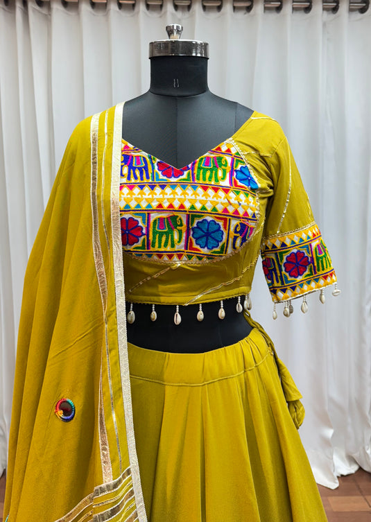 Garba Night Green Gamthi Work Viscose Cotton Readymade Fully Stitched Navratri Lehenga Choli