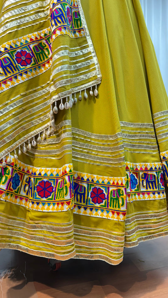 Garba Night Green Gamthi Work Viscose Cotton Readymade Fully Stitched Navratri Lehenga Choli