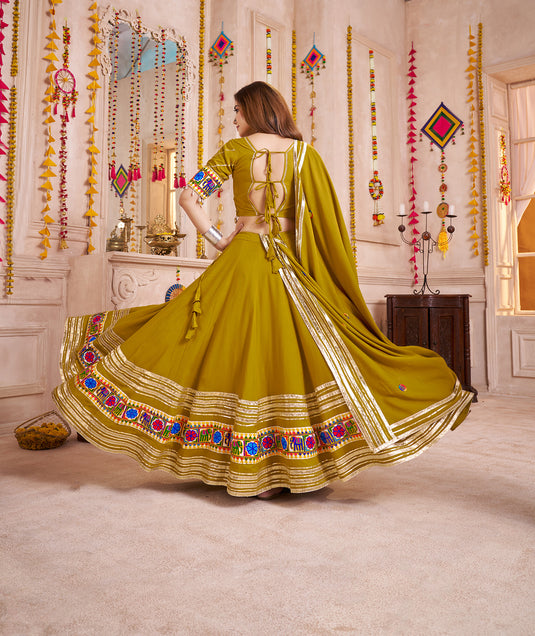 Garba Night Green Gamthi Work Viscose Cotton Readymade Fully Stitched Navratri Lehenga Choli