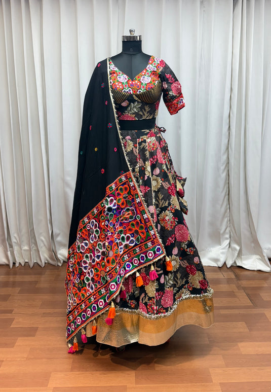 Traditional Garba Special Black Kutchi Work Viscose Cotton Readymade Fully Stitched Festive Wear Lehenga Choli For Women