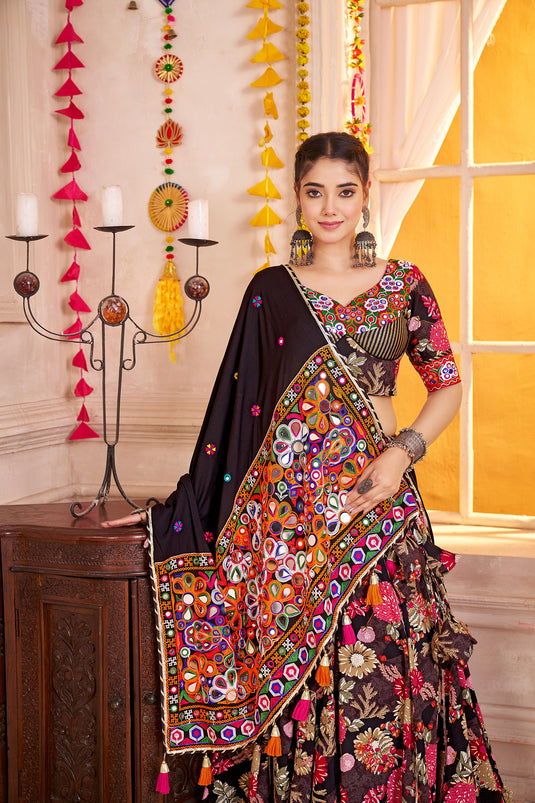Traditional Garba Special Black Kutchi Work Viscose Cotton Readymade Fully Stitched Festive Wear Lehenga Choli For Women