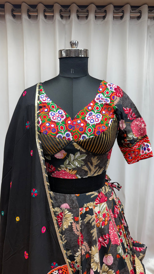 Traditional Garba Special Black Kutchi Work Viscose Cotton Readymade Fully Stitched Festive Wear Lehenga Choli For Women