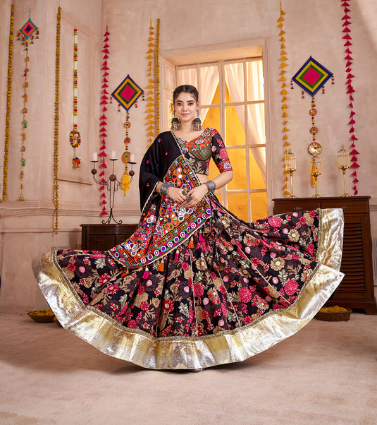 Traditional Garba Special Black Kutchi Work Viscose Cotton Readymade Fully Stitched Festive Wear Lehenga Choli For Women
