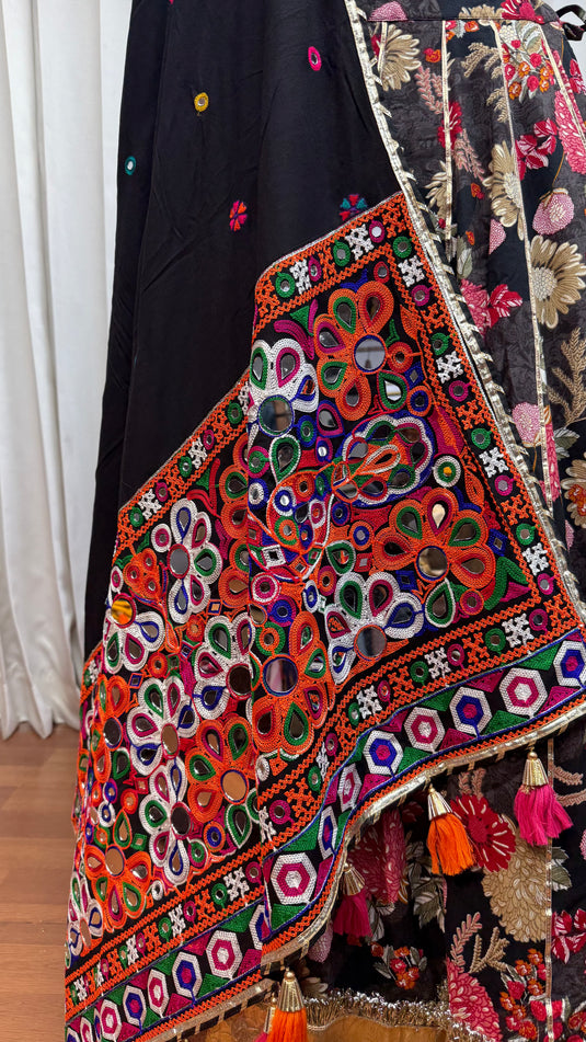 Traditional Garba Special Black Kutchi Work Viscose Cotton Readymade Fully Stitched Festive Wear Lehenga Choli For Women