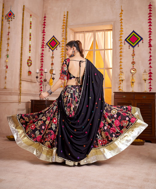 Traditional Garba Special Black Kutchi Work Viscose Cotton Readymade Fully Stitched Festive Wear Lehenga Choli For Women